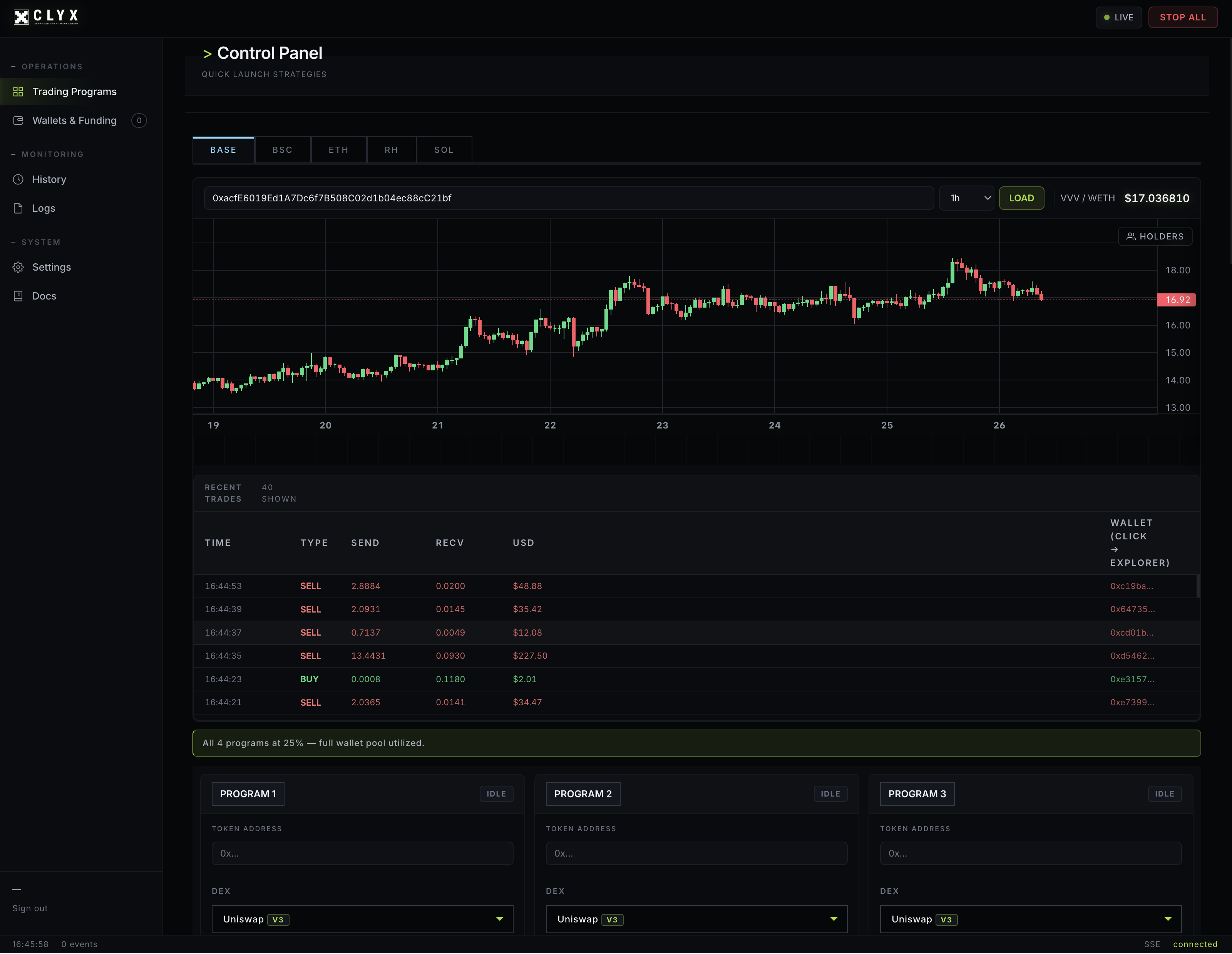 Motions market maker software dashboard with live candle chart, recent trades, wallet balances and program slots